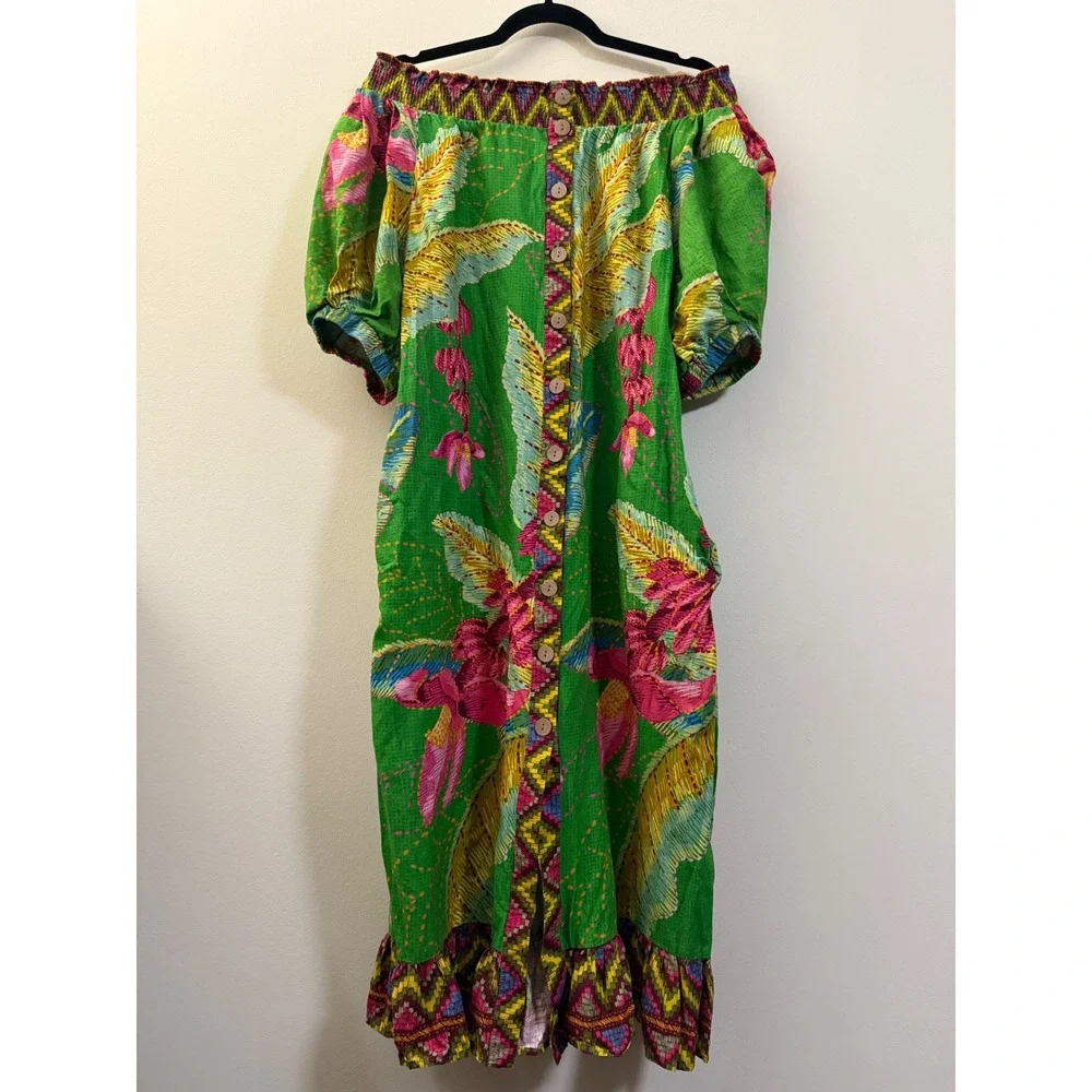 Farm Rio Off The Shoulder Maxi Dress Green Floral Puff Sleeve Button Front M - Picture 15 of 15